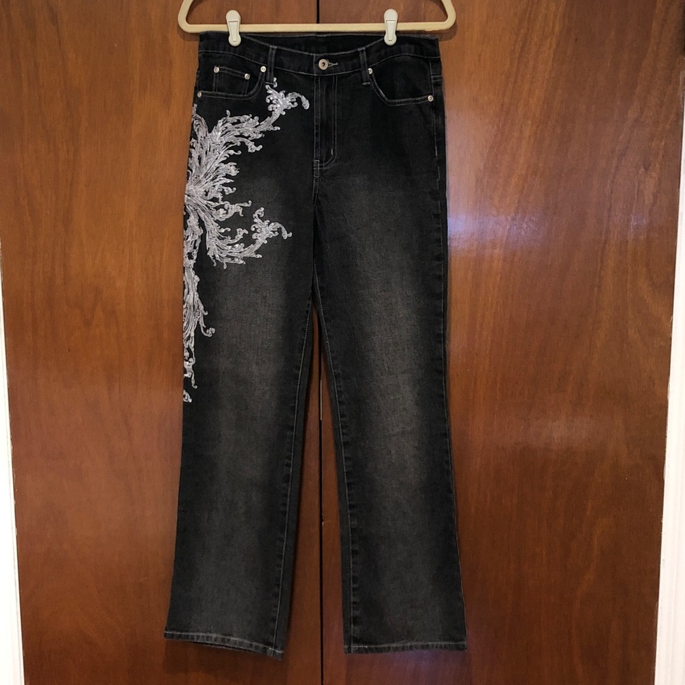 Vintage DG2 by Diane Gilman Dark Grey Bootcut Jeans |Glitter Paint Design NWOT